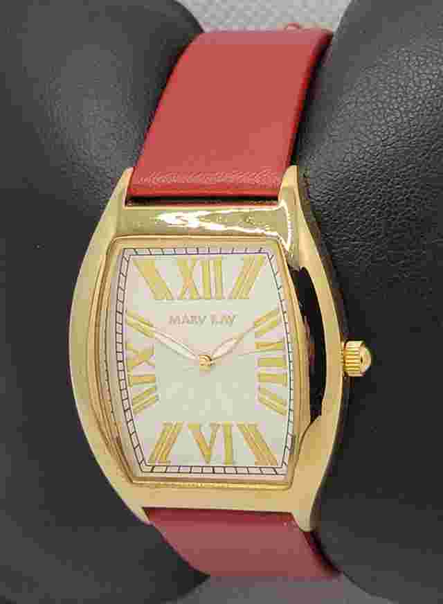 Ladies Mary Kay Stylish Rectangle Gold Tone Red Leather Band Analog Watch K2