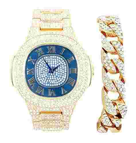 Bling-ed Out Gold Cuban Bracelet Oblong Iced Look Hip Hop Watch 8475BC CubanGold