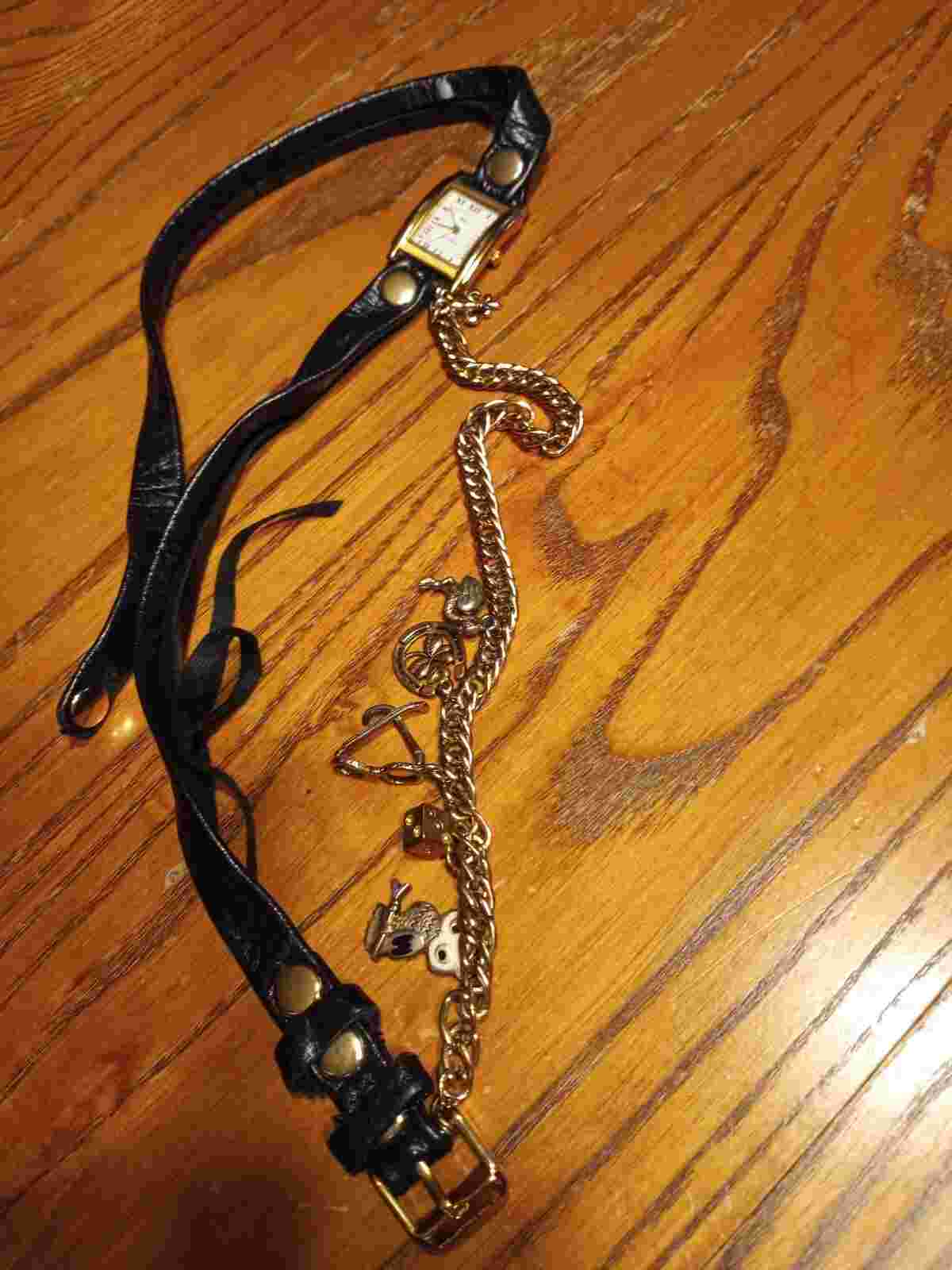 Ladies La Mer Collections Gold Tone Black Leather Strap Watch w/Charms