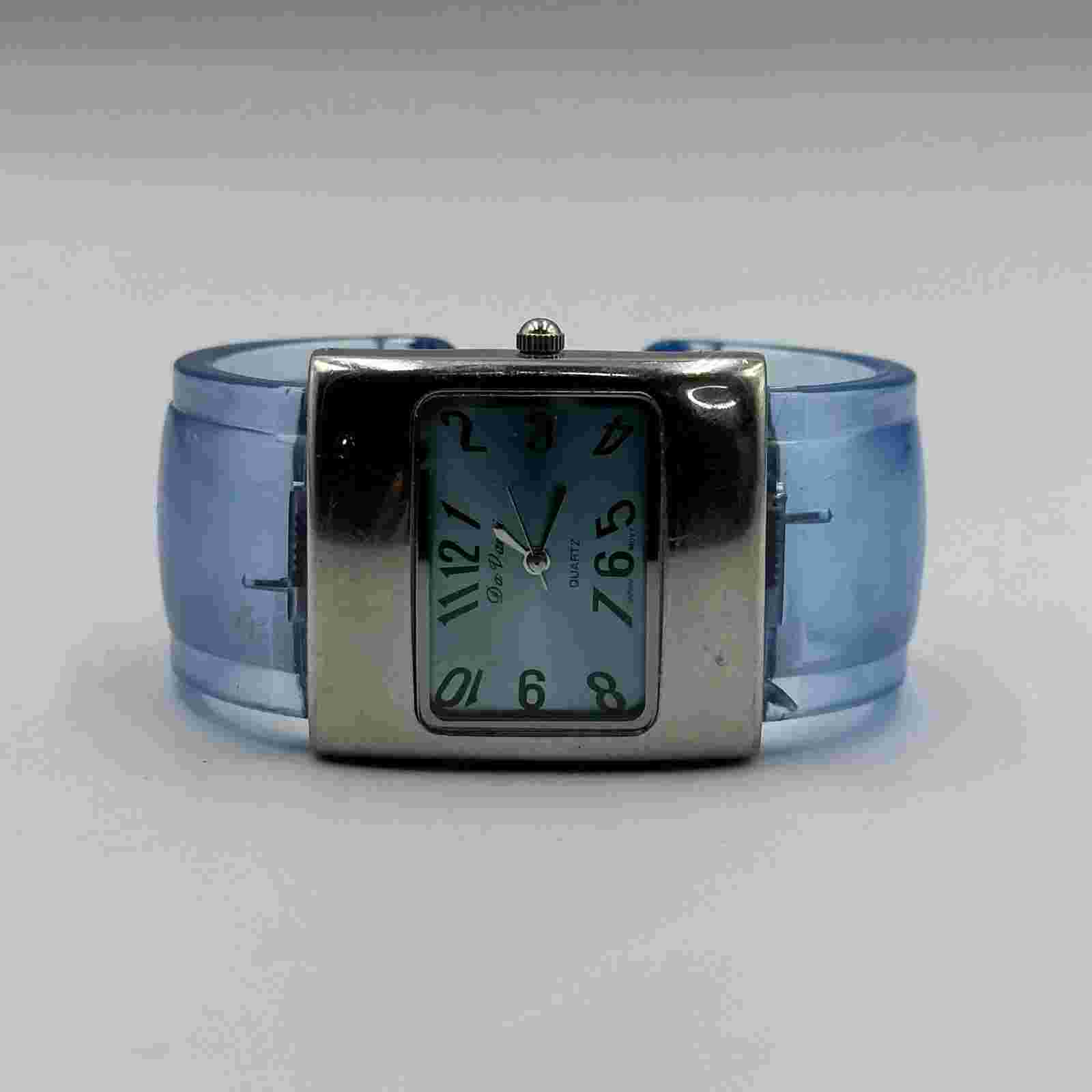 Da Vinci Watch Women Silver Tone Blue Transparent Wide Cuff Band New Battery 6"