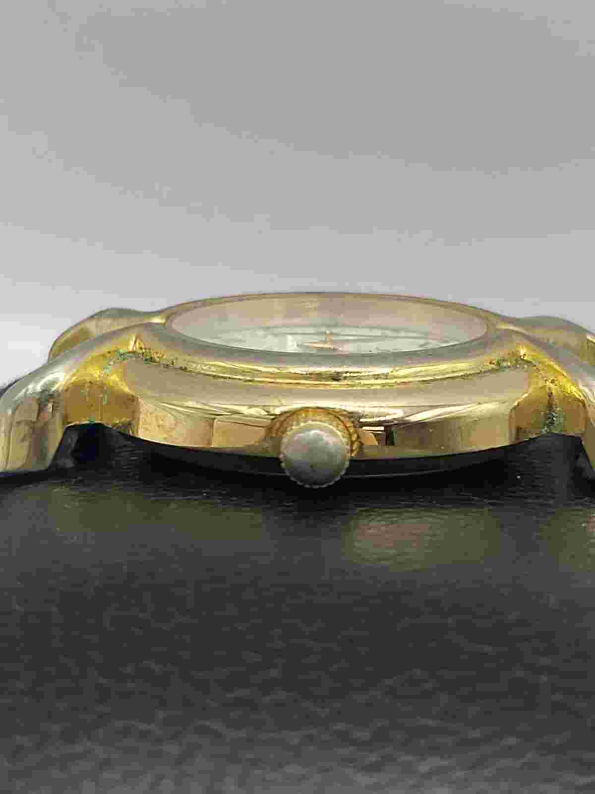 Broken Ladies Gold Toned  Circular Reflex Watch With Black Worn Leather Strap