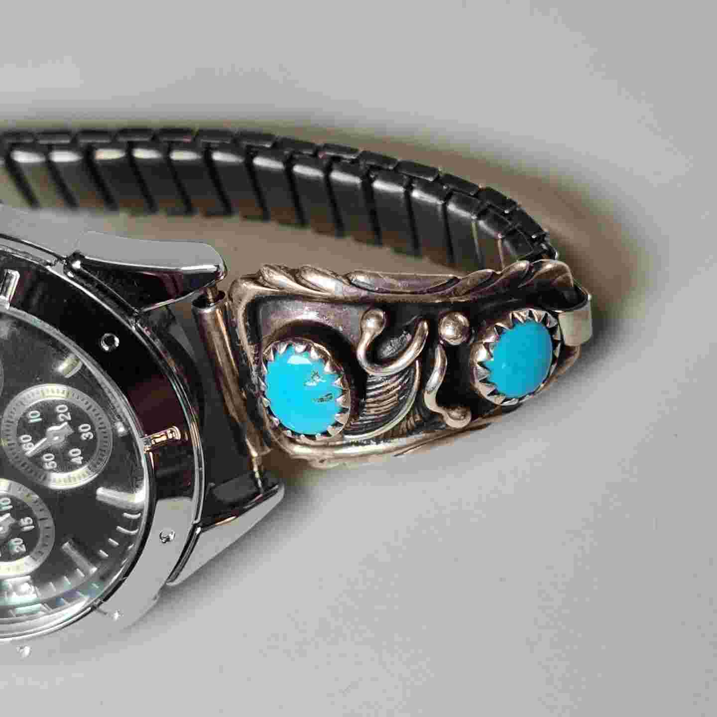 Western Sliver Watch Band With Turquoise - Chenxi W/New Battery