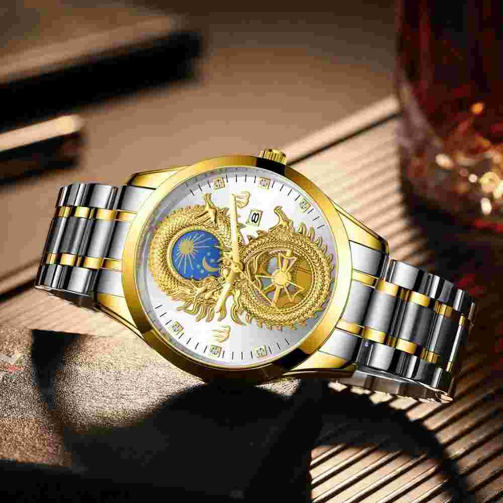 FNGEEN Men Watch Dragon 8 Quartz  Waterproof Stainless Steel Wristwatch FS