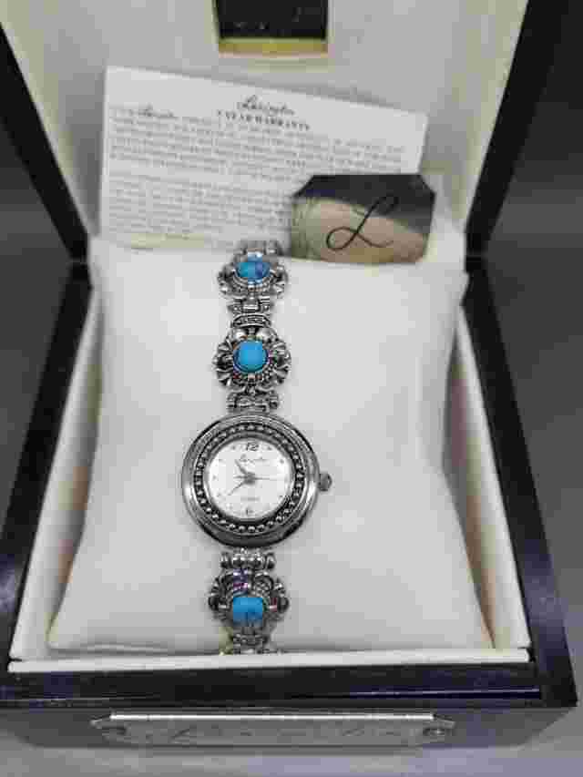 Woman's Western Look Lexington Quartz Watch Floral Block Turquoise Bracelet