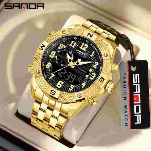 SANDA Golden Top Men Watch LED Digital Stainless Steel Military Sport Waterproof
