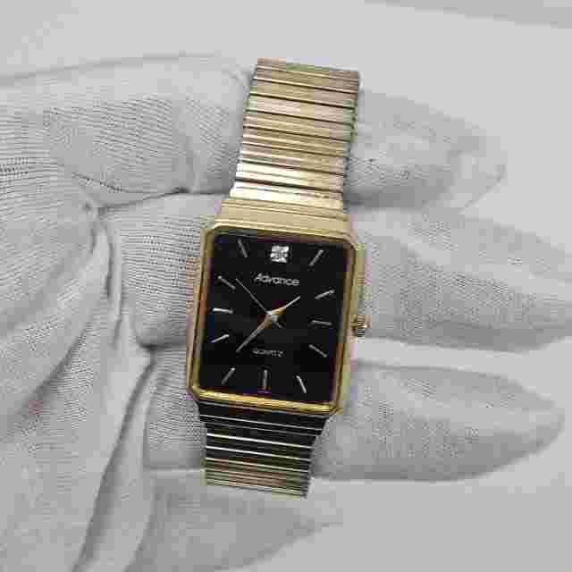 Vintage ADVANCE Tank Men’s Quartz Wrist Watch Gold Tone Black Dial New Battery