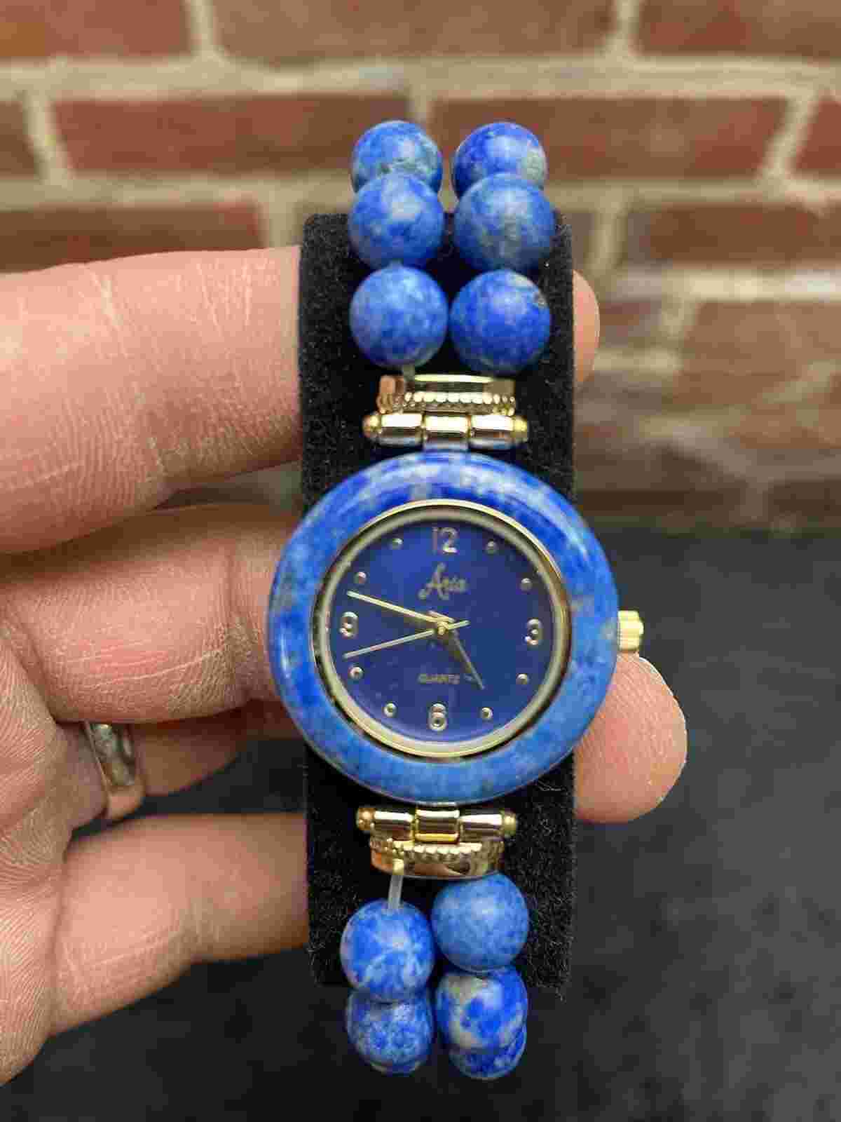 Aria .925 Sterling Silver Women's Lapis Lazuli Elastic Strung Band Watch
