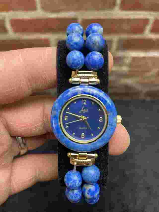 Aria .925 Sterling Silver Women's Lapis Lazuli Elastic Strung Band Watch