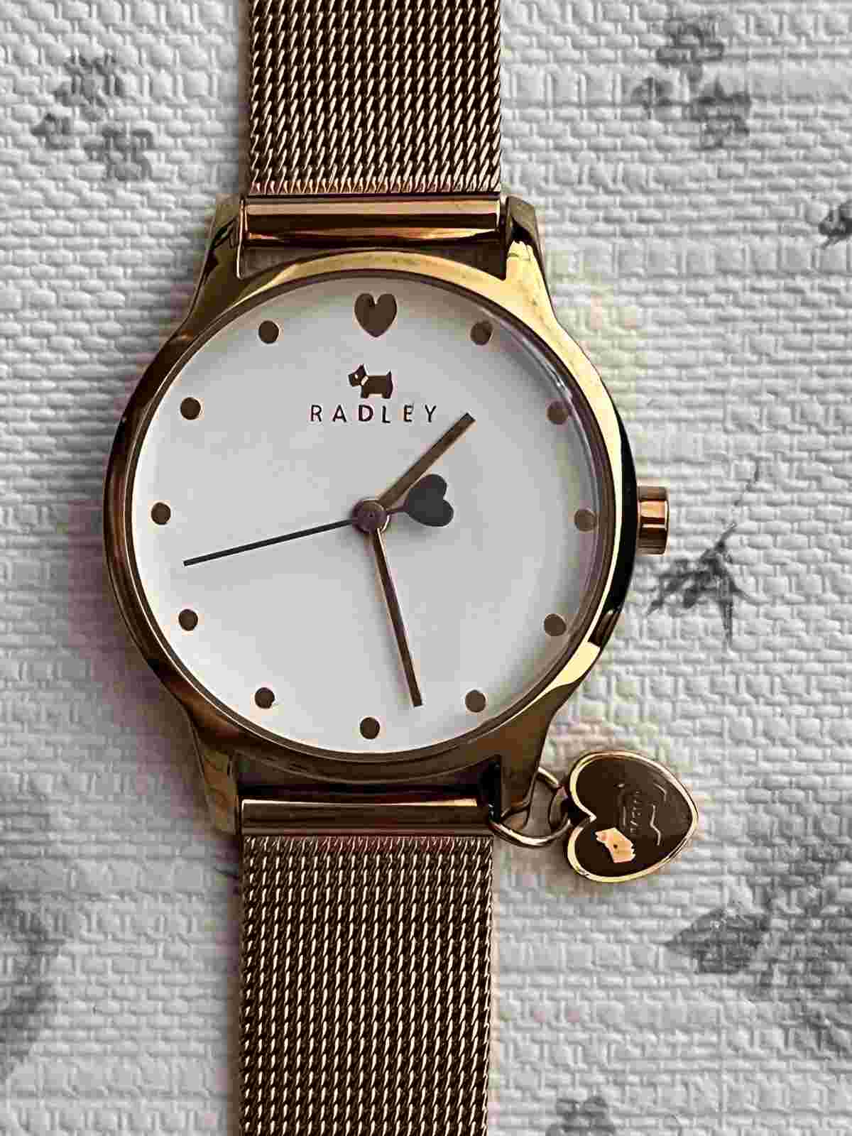 Radley Rose Gold Copper Plated Metal Mesh Bracelet Watch and Heart Dog Charm