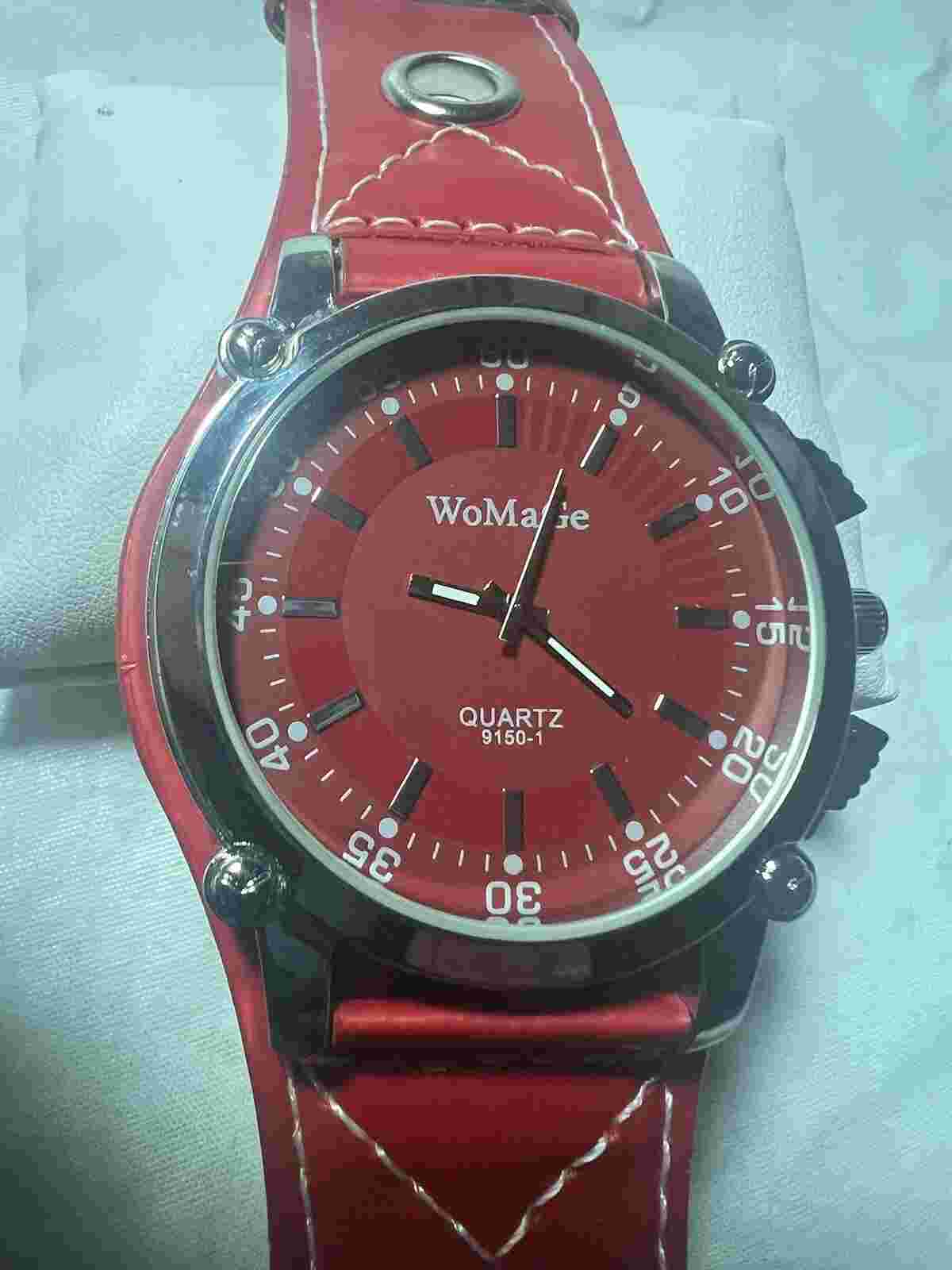 womage watch,Quartz Big Face50mm Case,Two Tone,red Face, men’s Watch,red Band.
