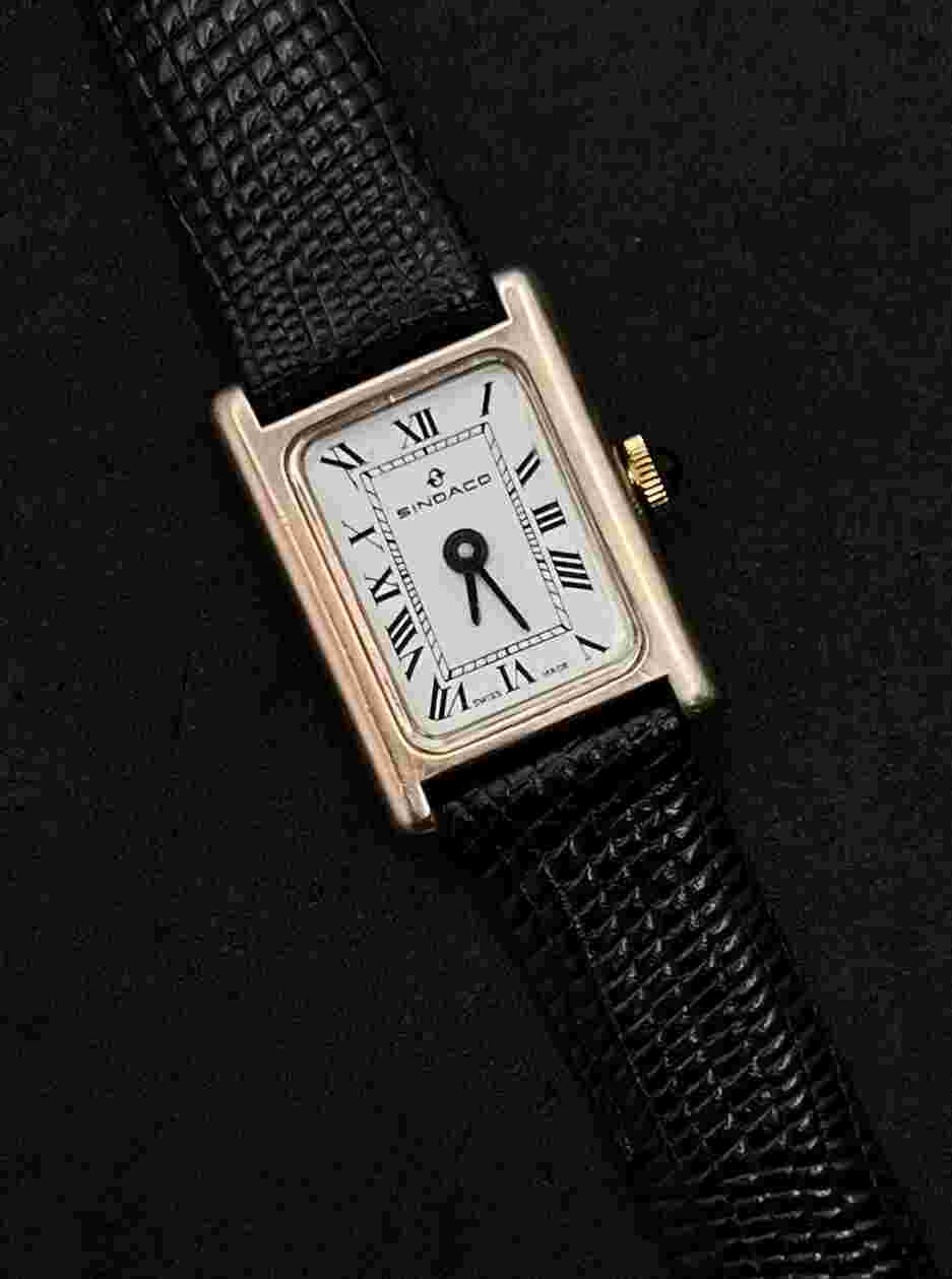 Vintage New SINDACO Tank Womens 29mm Swiss Mechanical Watch Gold White Roman Num