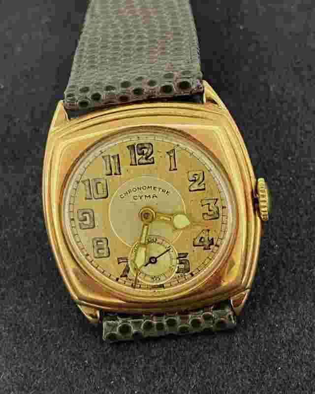 Rare Art-Deco c1928 Cyma Chronometre Manual 9K Rose Gold Cushion Case Watch