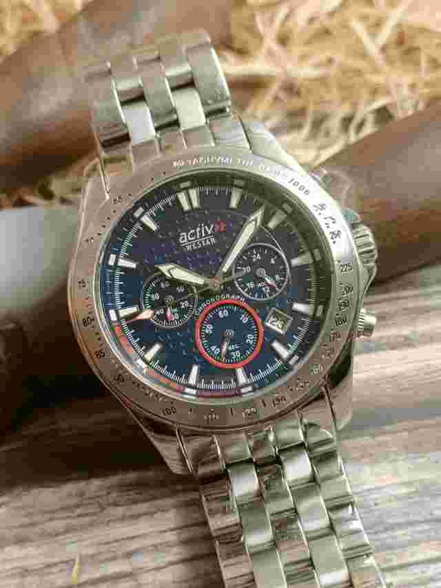 AUTHENTIC WESTAR ACTIV QUARTZ CHRONOGRAPH BLUE JAPAN MEN'S MINT 9099STN VINTAGE