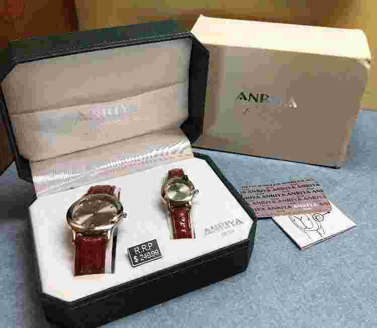 Anriya Milan His & Her Quartz Watches Vintage Collection red Leather Bands