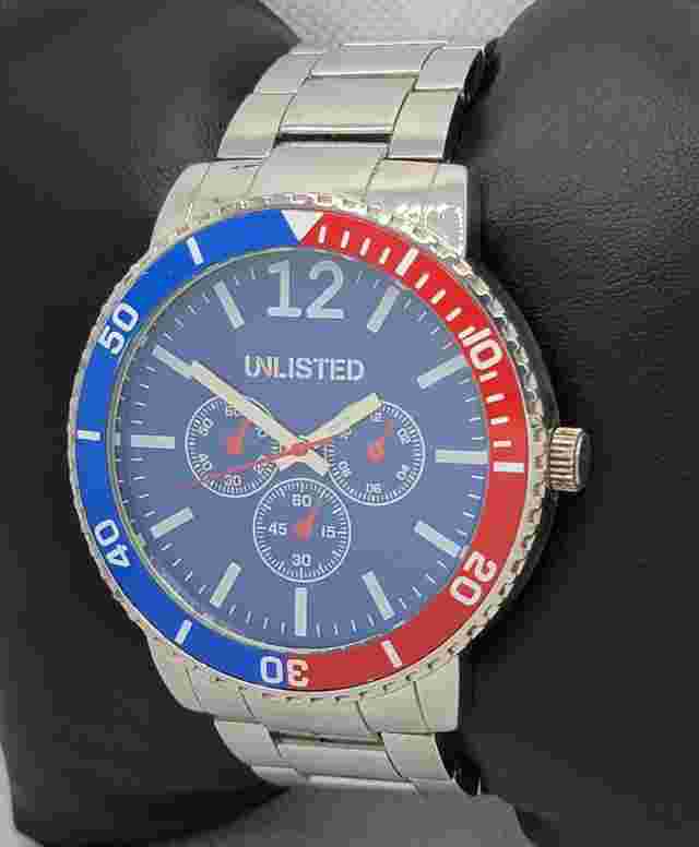 Mens Unlisted by Kenneth Cole Silver Tone Pepsi Bezel Link Bracelet Watch J3
