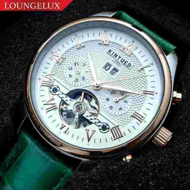 Mens Automatic Mechanical Watch Date Day Rose Gold White Dial Green Leather