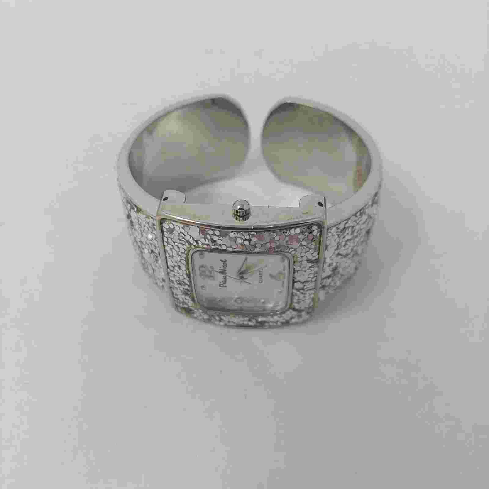 Pierre Nicol Silver Sequin Sparkly Watch Cuff Bracelet Square Face Glam Bling