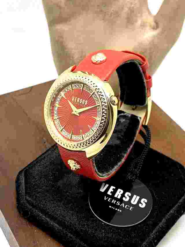 Versus by Versace Women's Watch VSPHF3021 Red Dial Gold Case Leather Band 38mm