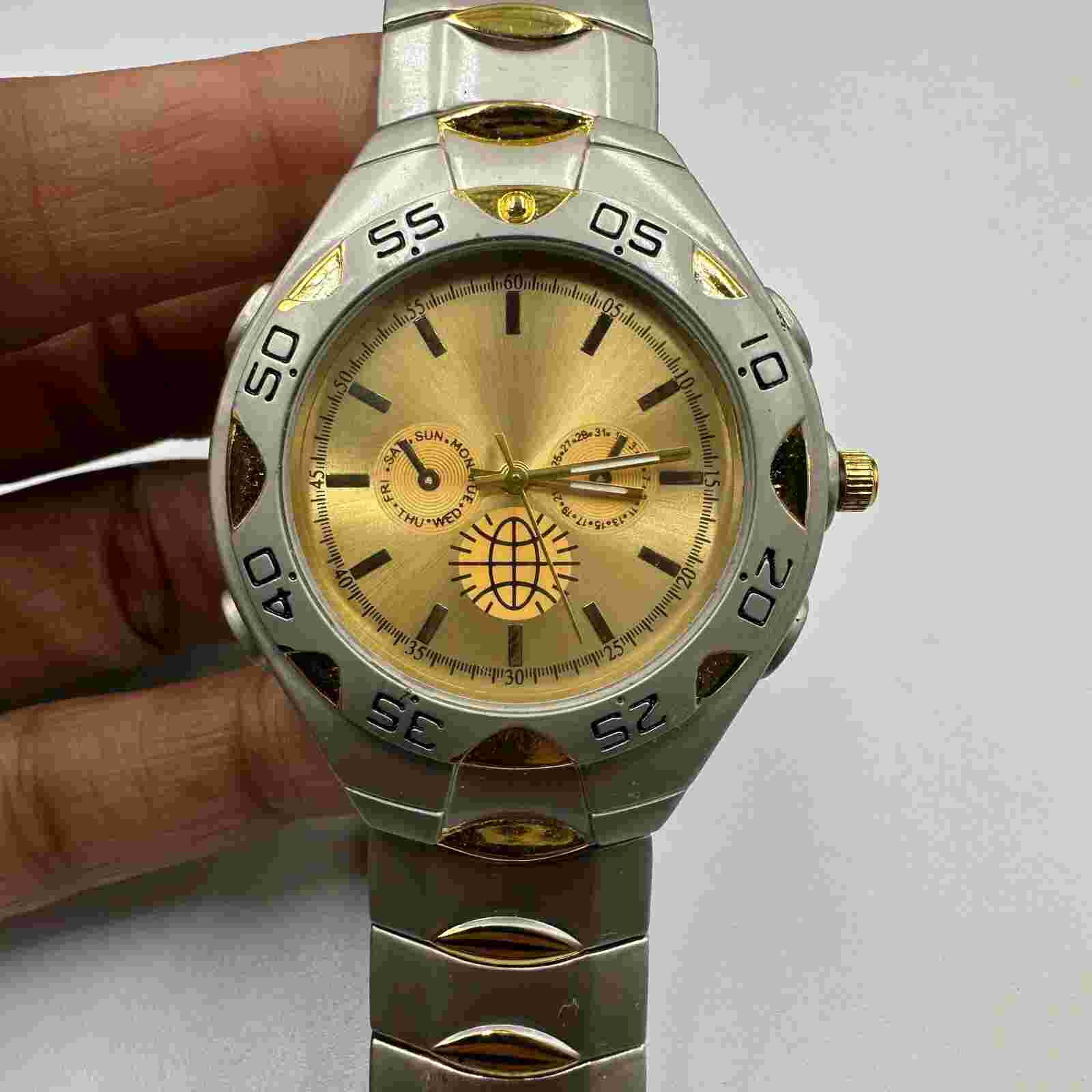 Haband Watch Men Silver Gold Two Tone Round 39MM New Battery 8.5”