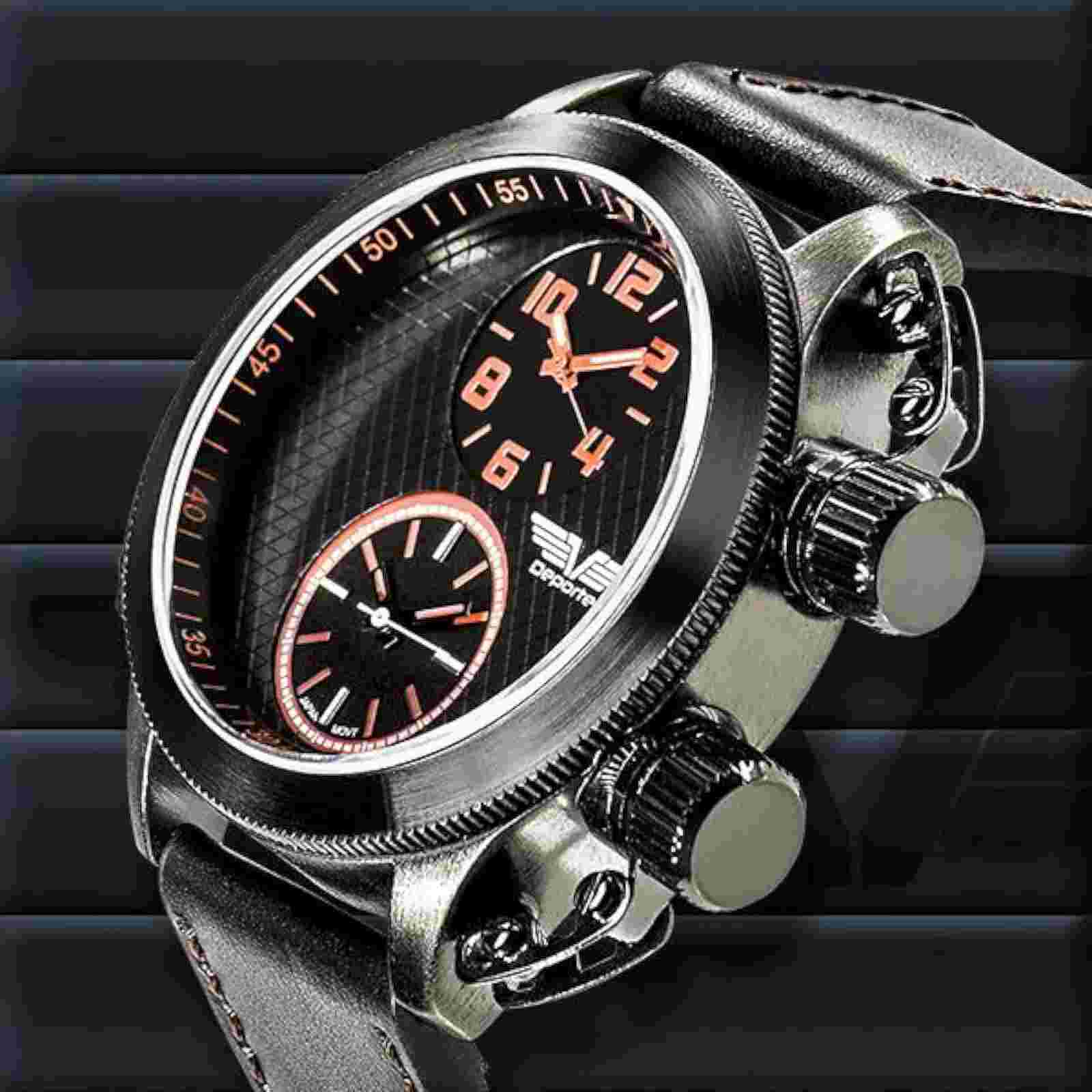 NEW Deporte 9830-RED Men's Sutton Watch SS Case Dual Time Chronograph Red Accent