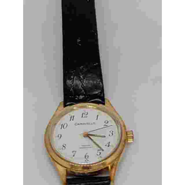 Classic Caravelle Gold-Tone Vintage Watch – Black Leather Strap, Water Resistant