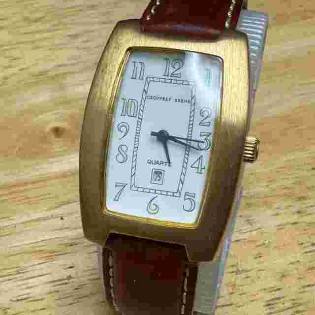 Geoffrey Beene Quartz Watch Men Gold Tone Curved Long Barrel Leather New Battery