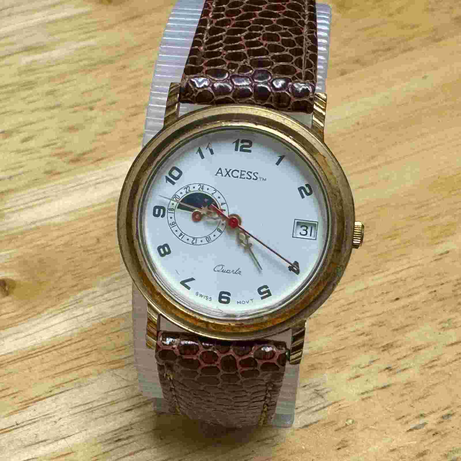 Vintage Axcess Swiss Quartz Watch Unisex Moon Phase Gold Tone Date New Battery