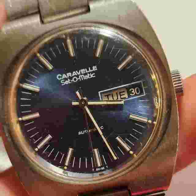 Vintage 1970 Caravelle Day-Date All SS Watch w/Blue Dial