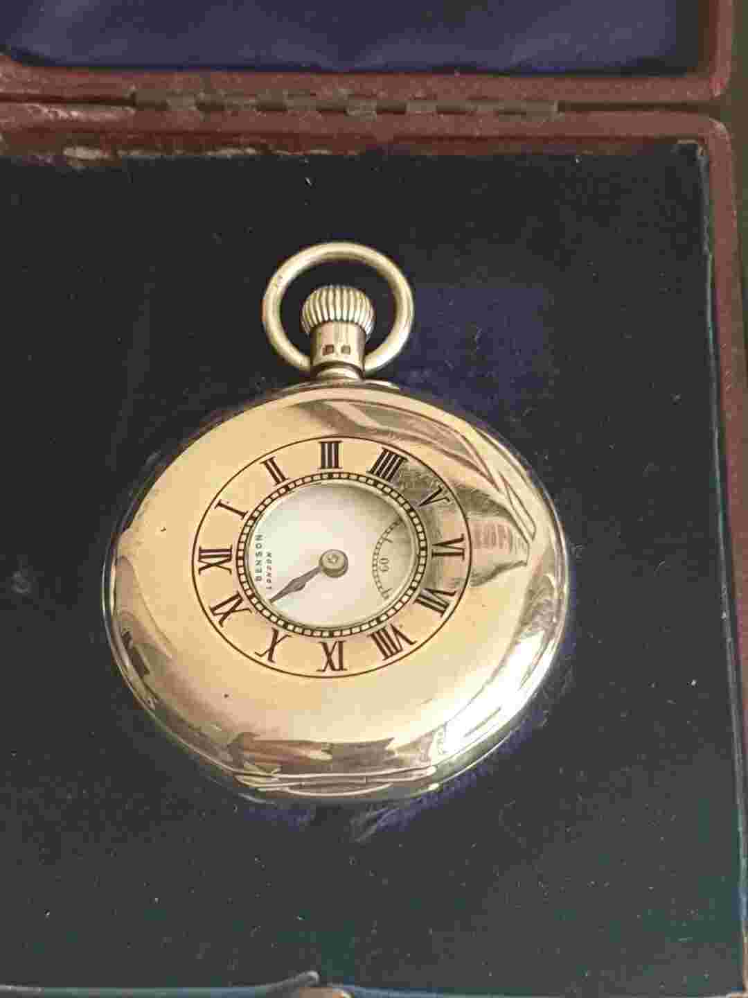Antique J W Benson Silver Half Hunter Pocket Watch C1937 With Original Box