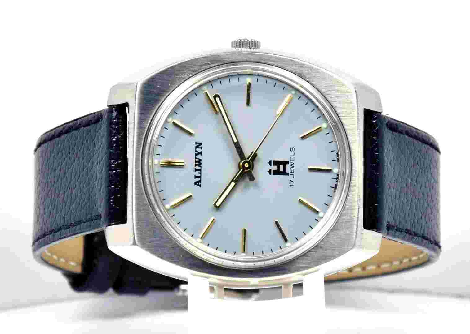 Rare Allwyn Light Gray Face 17 Jewels Men's Hand Winding Wrist Watch Case 37 mm