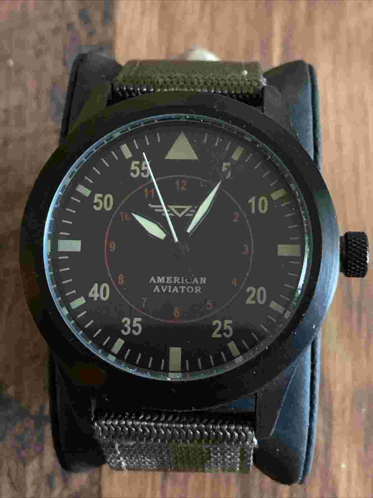 American Aviator Black Dial Round Case 44 mm Green Camp Canvas Band Watch Works