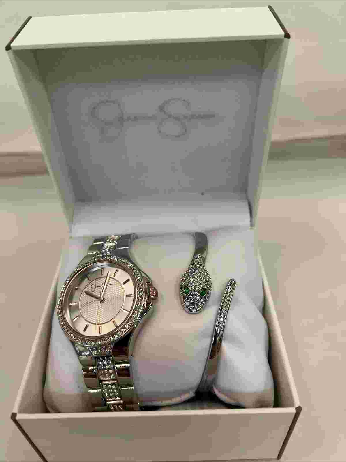 Jessica Simpson JSB8001SL Silver Tone Crystal Snake Hinged Bangle Watch Set