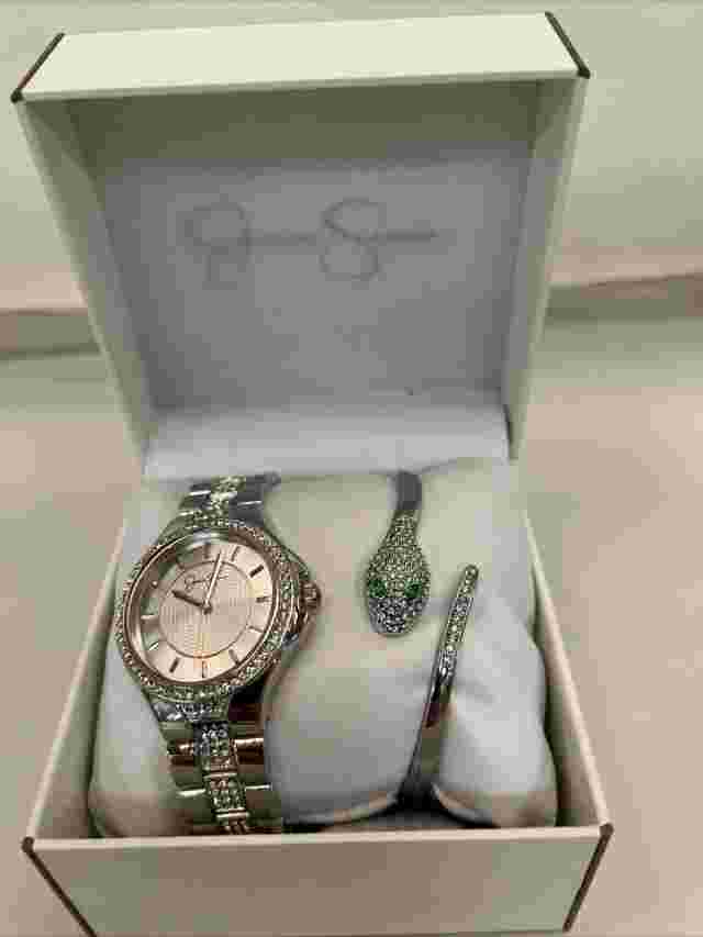 Jessica Simpson JSB8001SL Silver Tone Crystal Snake Hinged Bangle Watch Set