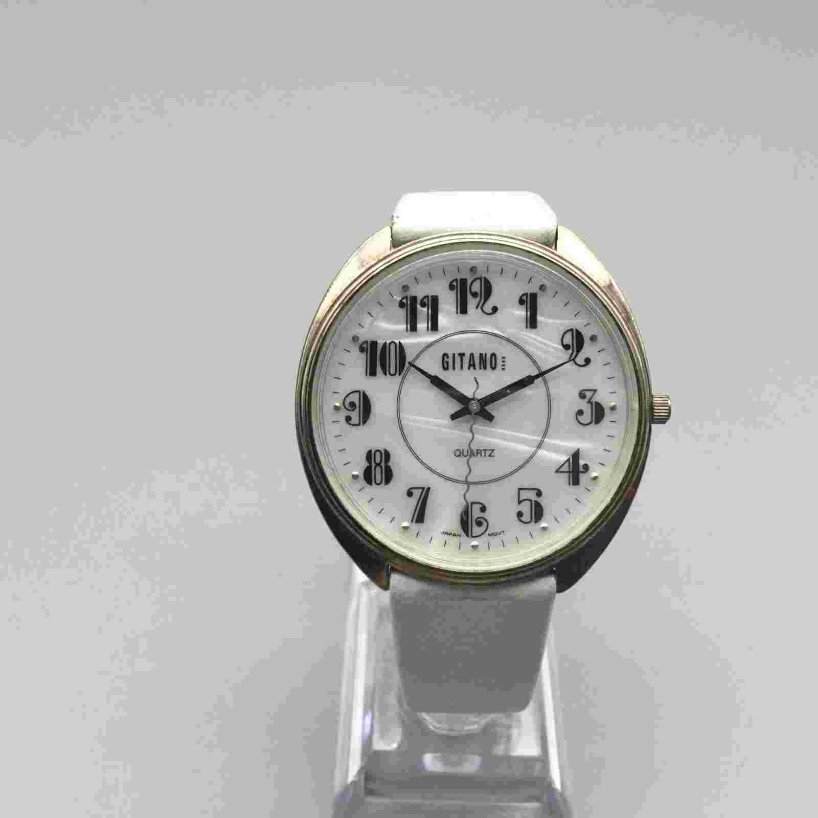 Vintage Gitano Watch Women 40mm Silver Tone Large MOP Leather Band New Battery
