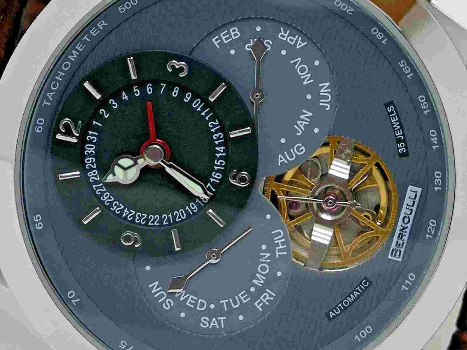 NEW BERNOULLI CORONA GRAY MULTI FUNCTION AUTOMATIC WATCH OPEN HEART DIAL