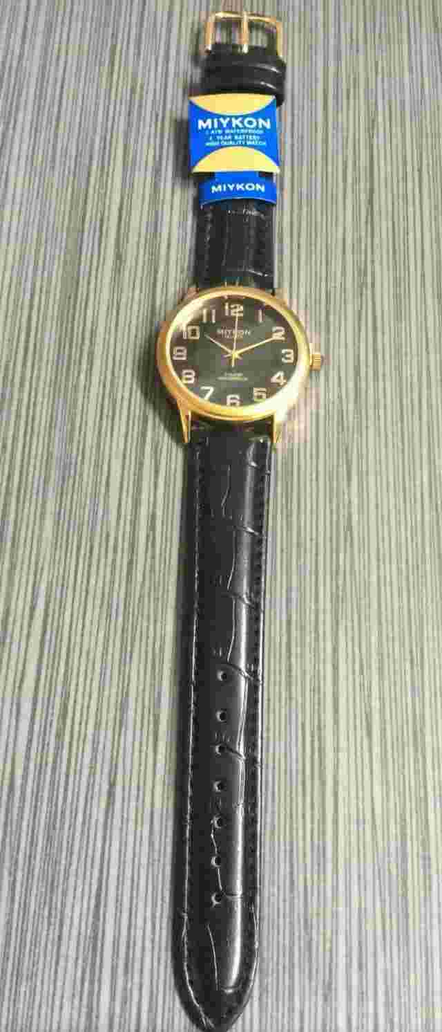 Miykon Men's Watch Round Black Dial on Black Leather Band Waterproof 30M New!