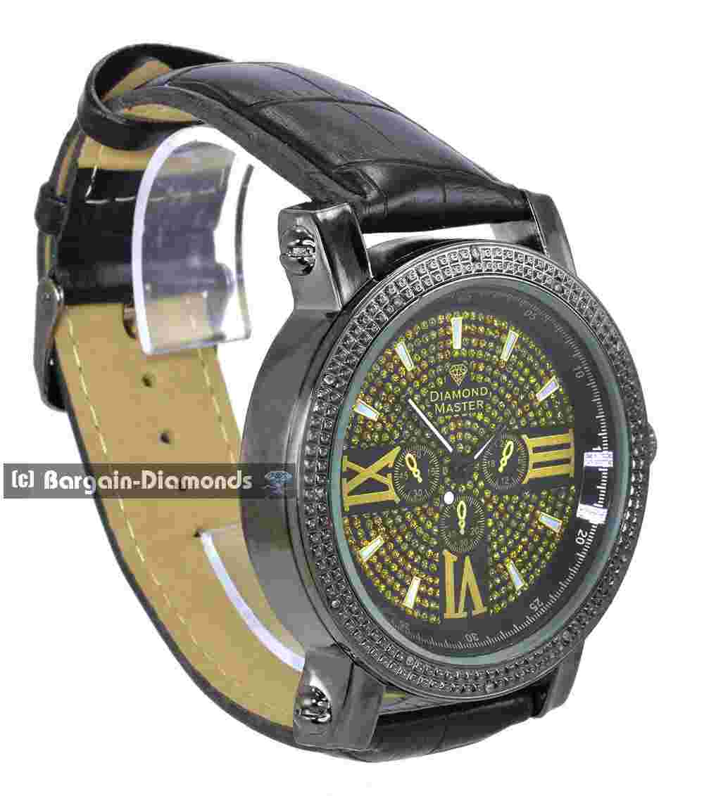 Mens Natural Diamond Black Clubbing Watch Gold Bling Dial 9" Black Leather Strap