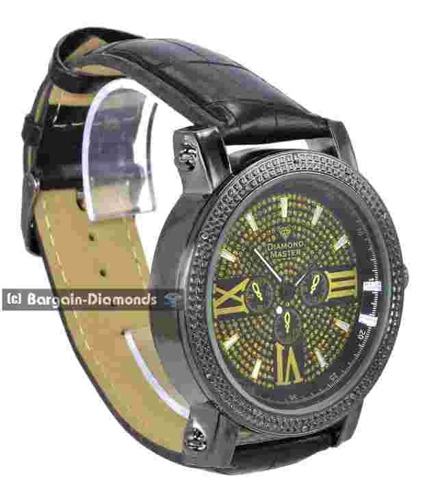 Mens Natural Diamond Black Clubbing Watch Gold Bling Dial 9" Black Leather Strap