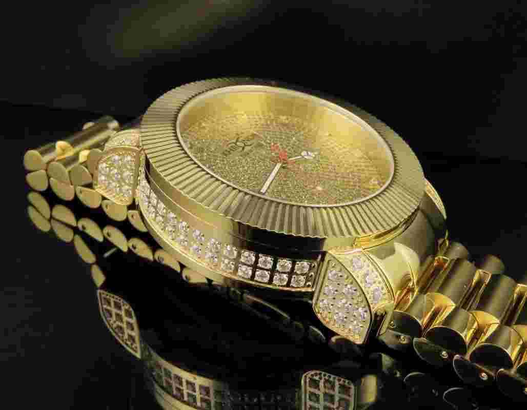 Mens Khronos Yellow Finish Canary Simulated Diamond Presidential Watch
