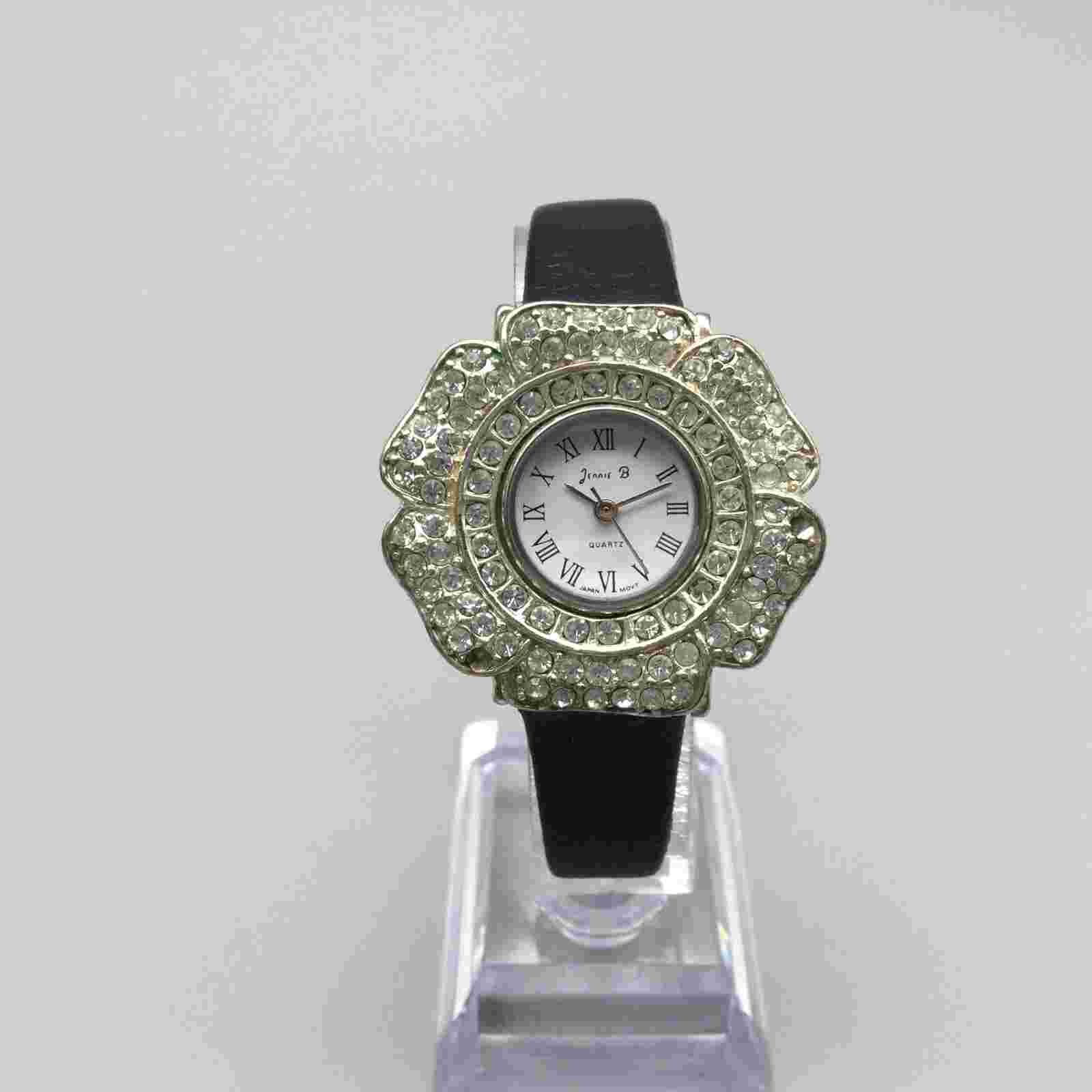 Jennie B Watch Women Silver Tone Bling Floral Bezel Black Leather New Battery