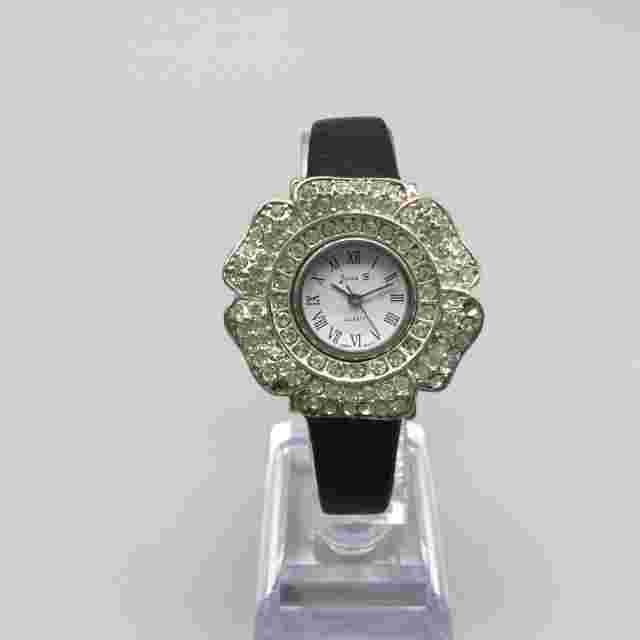 Jennie B Watch Women Silver Tone Bling Floral Bezel Black Leather New Battery