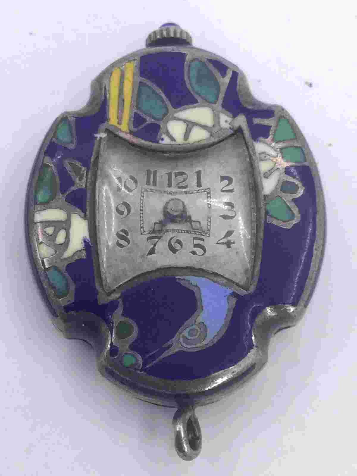 RARE ENAMEL - BIRDS & FLOWERS LADIES STERLING PENDENT WATCH (W470)