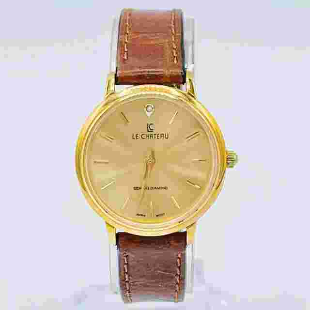 LE CHATEAU: 18K Gold-Plated Case-Bezel/Gold Face/Brown Leather Band/Women 2011L