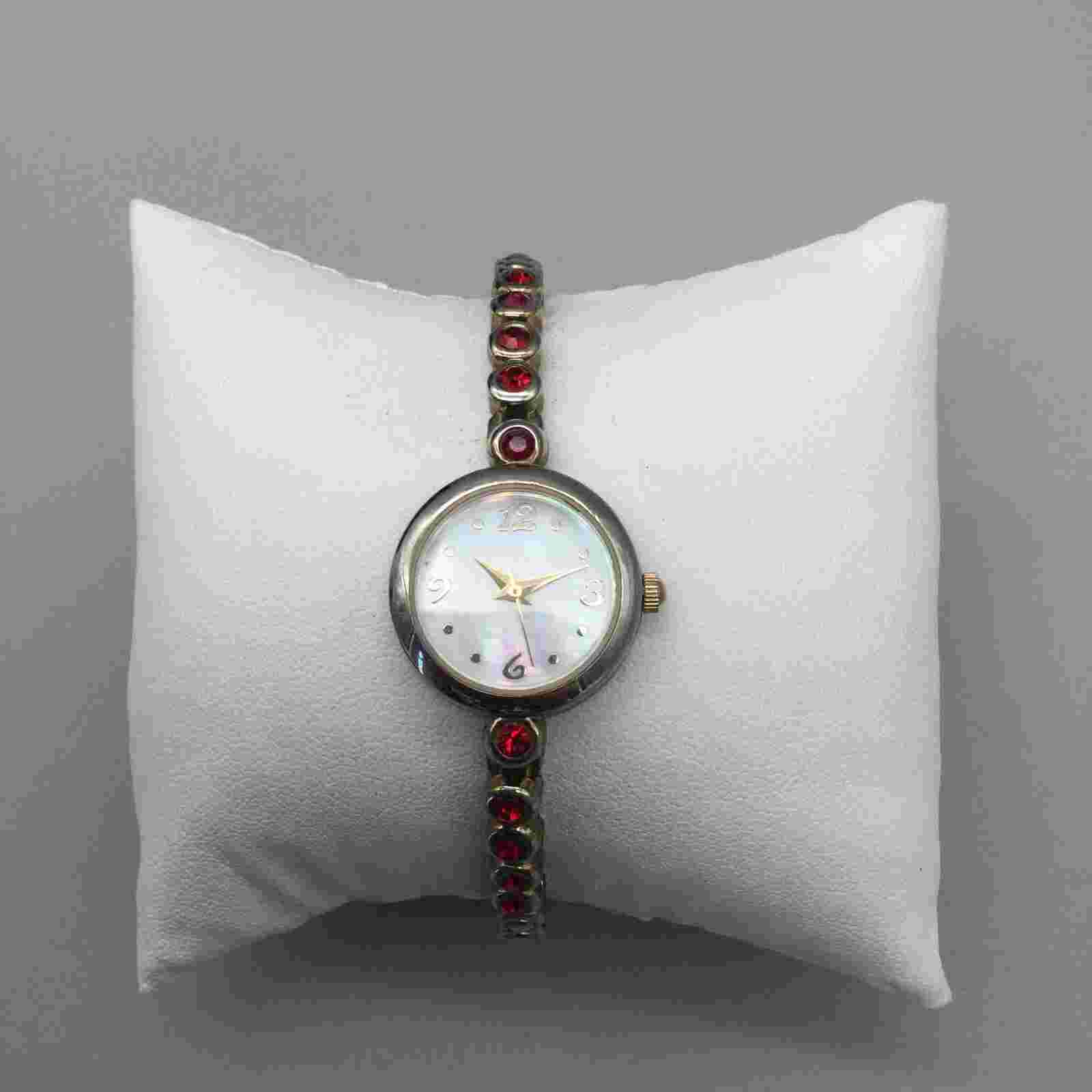 Allude Watch Women 22mm Silver Tone MOP Red Rhinestone Band New Battery 7.5"