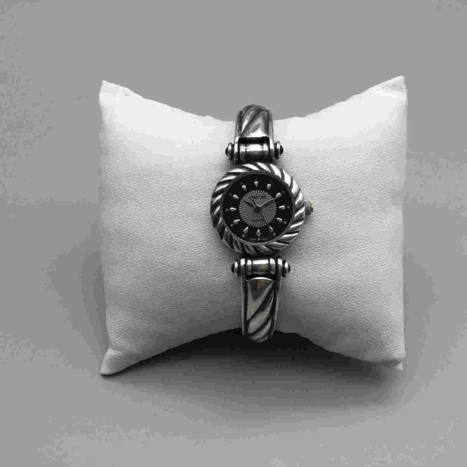 Vintage Cherokee Watch Women 23mm Silver Tone Black Dial Hinged Cuff New Battery