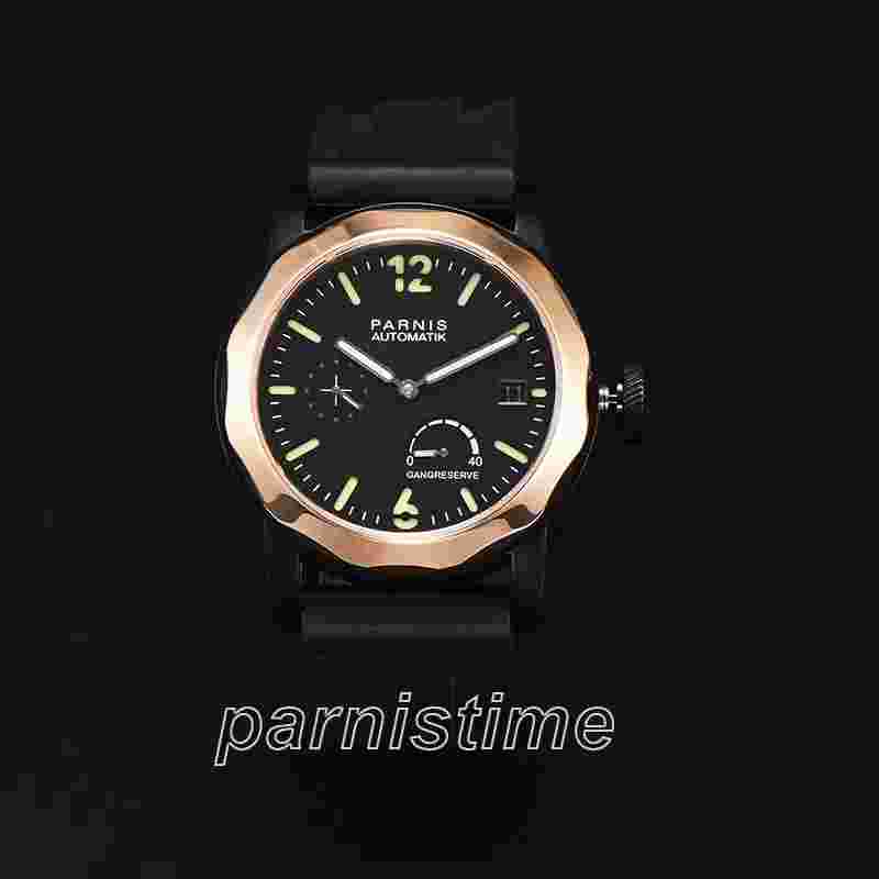 44mm Parnis Sapphire Crystal Power Reserve Automatic Men Watch Rubber Strap New