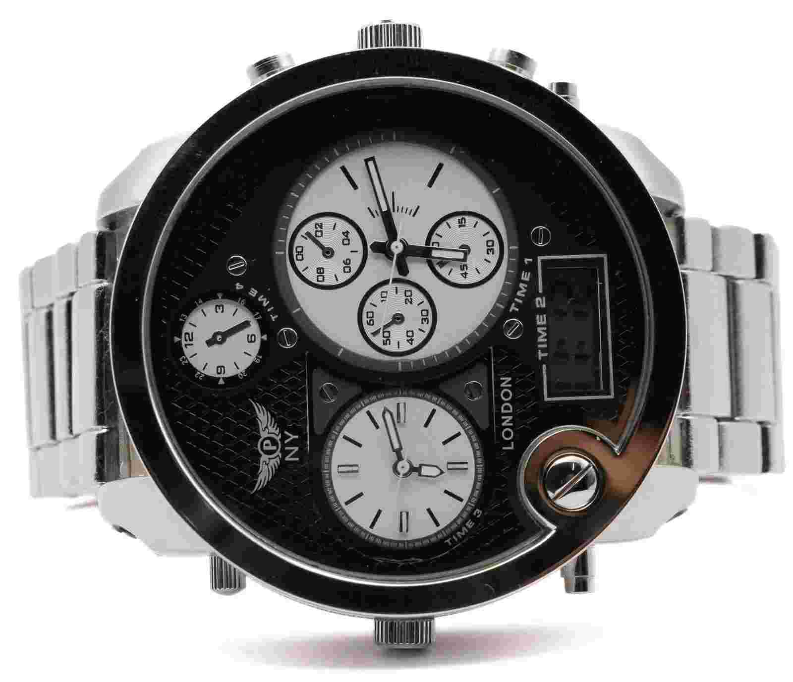 NY LONDON Silver and Black face Men’s Metal Strap Date Analog and Digital Quartz