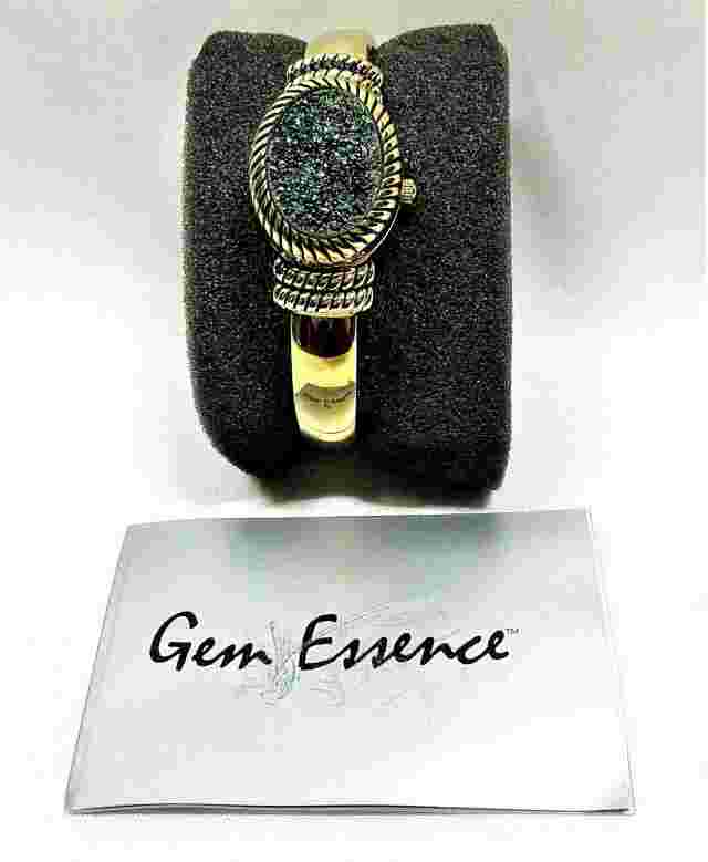 Gem Essence Gold Toned Hidden Dial Watch Peacock Drusy Quartz Bangle Bracelet