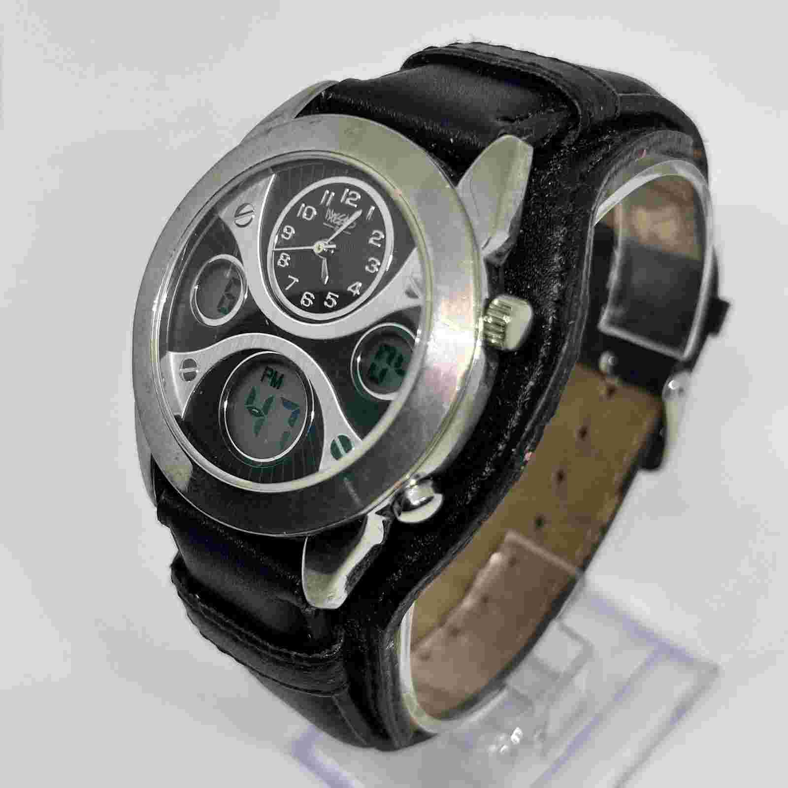 Mossimo Silver Tone Black Genuine Leather Men’s Watch New Battery