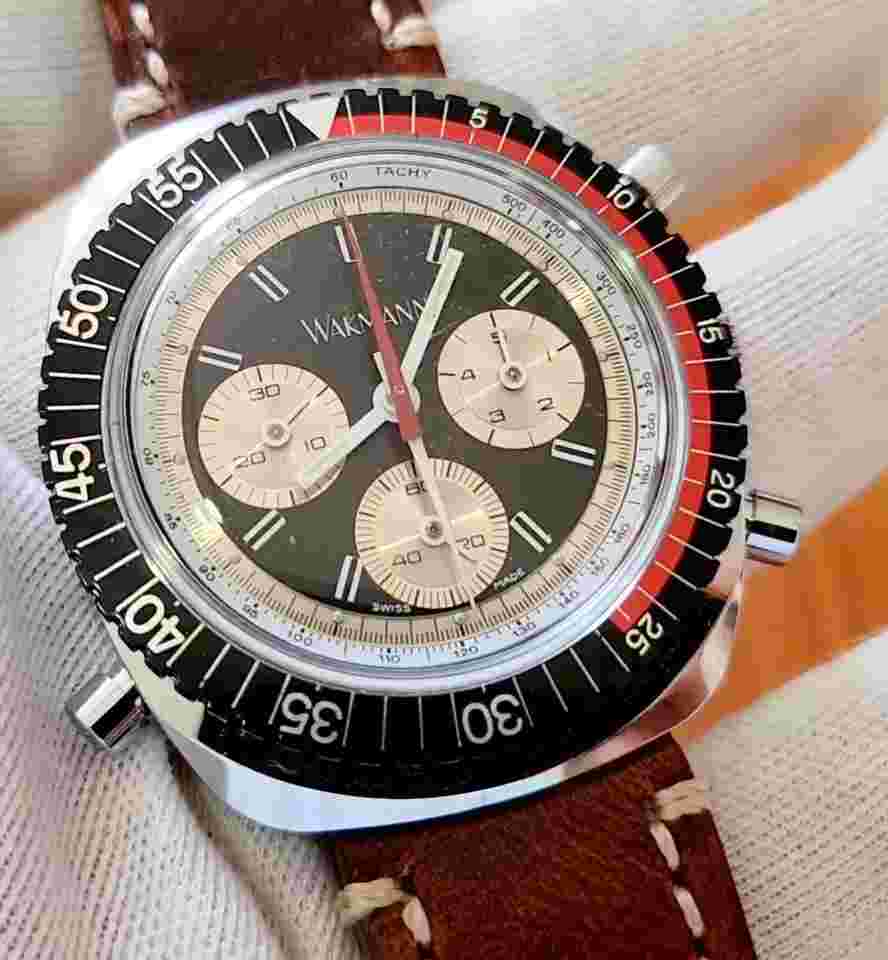 NOS Wakmann Racetimer Flyback 7 Hands Chronograph Baumgartner BFG 598 43x48mm